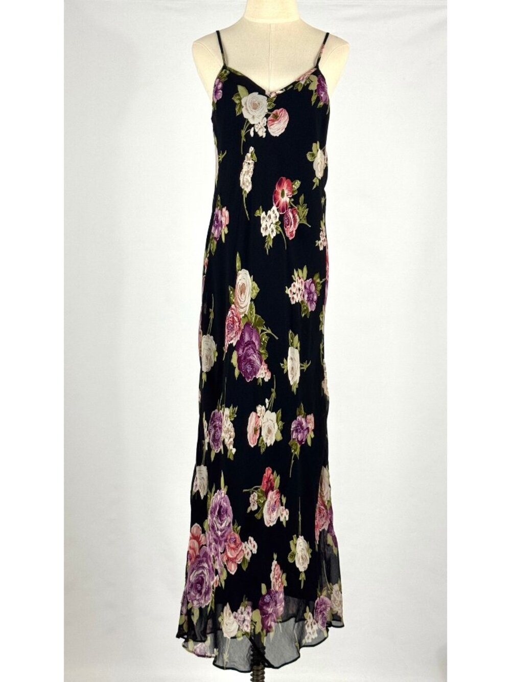Vtg 90s American Angel Bias Cut Maxi Dress Black Floral Whimsigoth Witchy READ